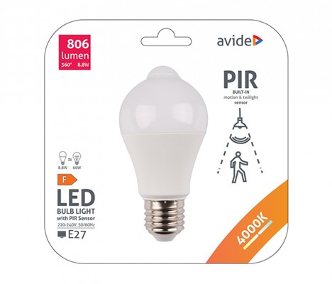 Avide/ LED žárovka A60 8,8W NW 4000K s pohybovým senzorem PIR