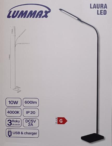 Lummax/ LED stojací lampa čtecí 10W/ 600lm černá