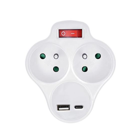 Solight/ rozbočka s USB A+C nabíječkou, 2 x 10A, bílá, vypínač