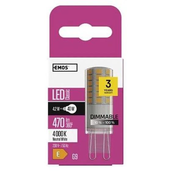 Emos/ LED žárovka Classic JC / G9 / 4,2 W (40 W) / 470 lm / neutrální bílá / stmívatelná