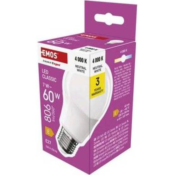 Emos/LED žárovka Classic A60 / E27 / 7 W (60 W) / 806 lm / Neutrální bílá