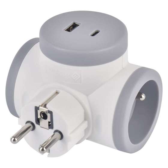 Emos/ Rozbočovací zásuvka 2×, 1×USB-A+1×USB-C, bílo-šedá