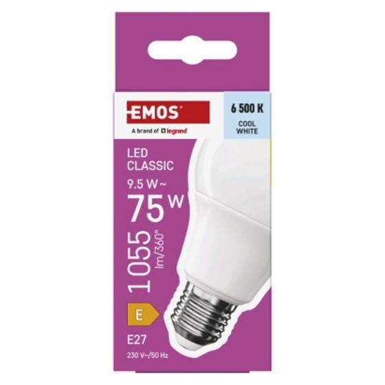 Emos/ LED žárovka Classic A60 / E27 / 9,5 W (75 W) / 1055 lm / studená bílá